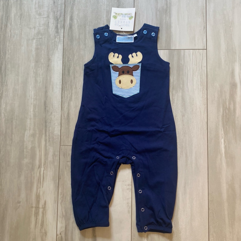 NWT Trotter Street Kids Navy Blue Moose Woodland Appliqué Overall Romper Boy 12M